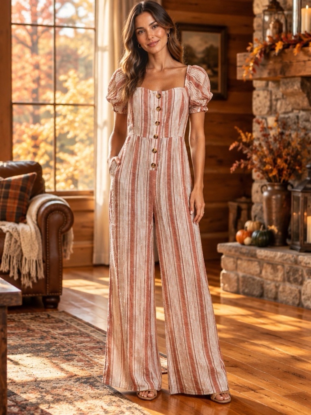 NWT O'Neill LANDRY JUMPSUIT  Button-Front Striped Jumpsuit Cream & Tan Small NWT